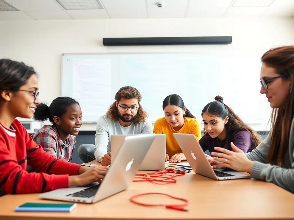 An image of students coding on laptops in a modern classroom environment, with screens displaying code and web interfaces, representing the Full-Stack Web Development Course at SkillForge Academy.