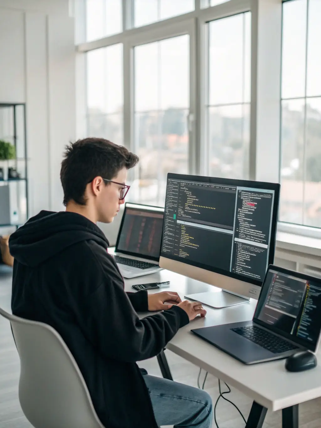 A focused individual coding on a laptop, surrounded by multiple monitors displaying lines of code, in a modern, brightly lit workspace, symbolizing SkillForge Academy's practical approach to software development.
